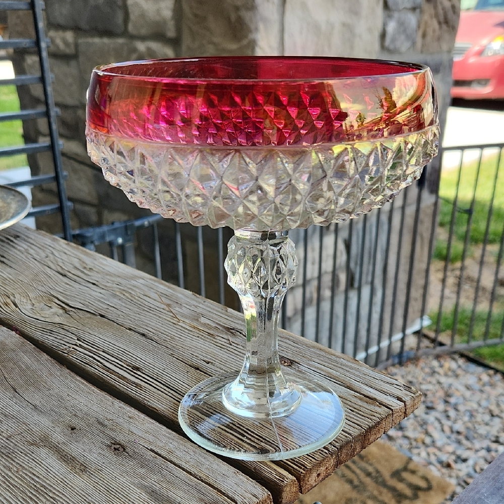 Vintage Diamond Cut Drink Candy Dish Red Iridecent Rim By Indiana Glass
